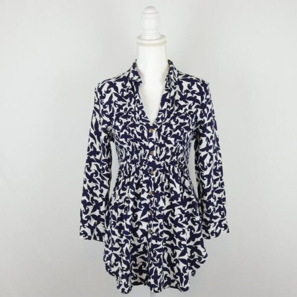 Maeve Alexa Women's XS Blue White Linen Blend V-Neck 3/4 Sleeve Shirred Blouse - Picture 2 of 10